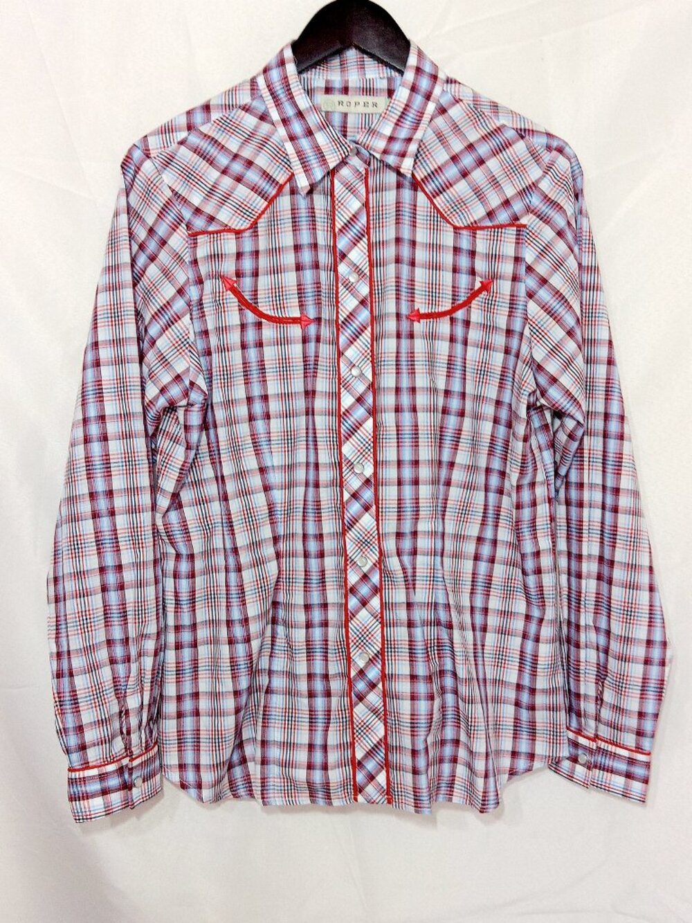 Roper Men's Western Shirt Large Plaid Pearl Snap Red Blue LS Cowboy Slim Fit